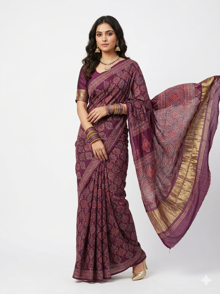 Maroon Ajrakh Modal Silk Saree