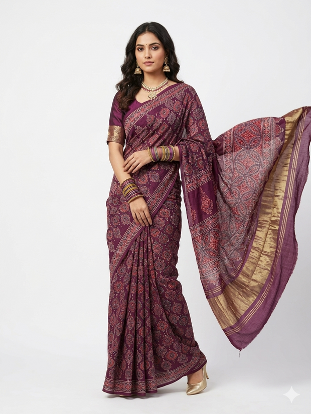 Maroon Ajrakh Modal Silk Saree
