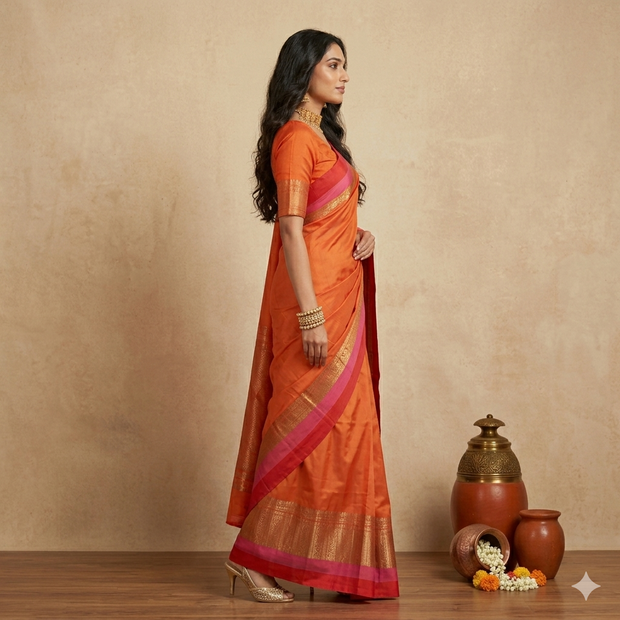 Orange Maroon Plain Silk Saree