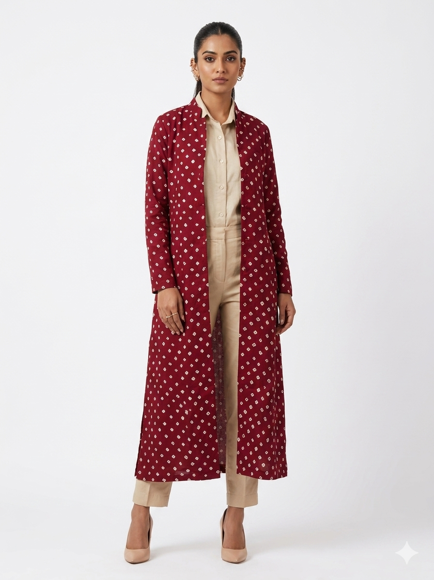 Maroon Modal Silk Bandhej Long Blazer