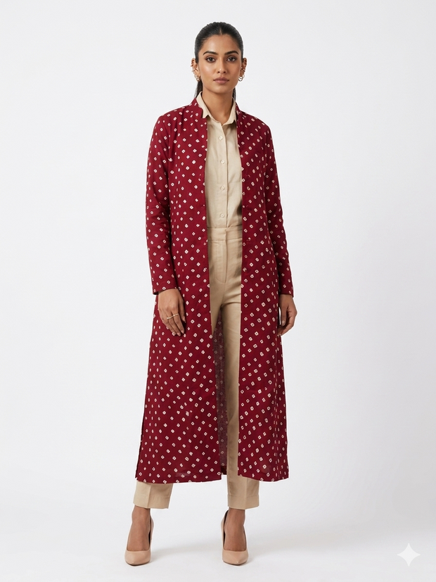 Maroon Modal Silk Bandhej Long Blazer
