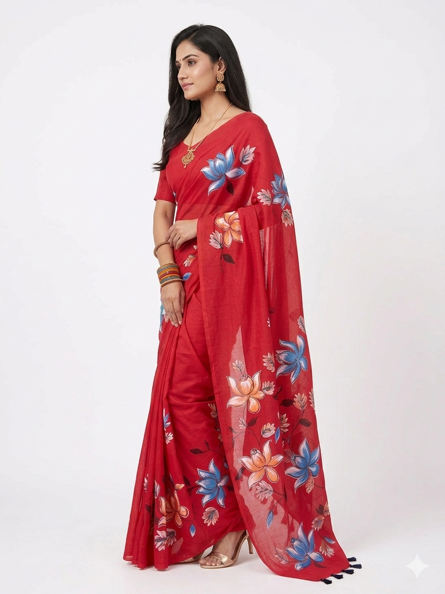 Red Handpainted Cotton Saree