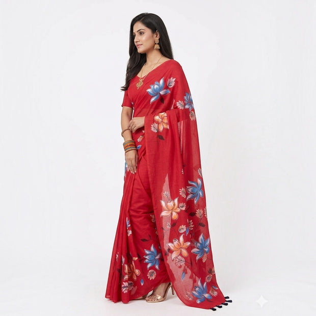 Red Handpainted Cotton Saree