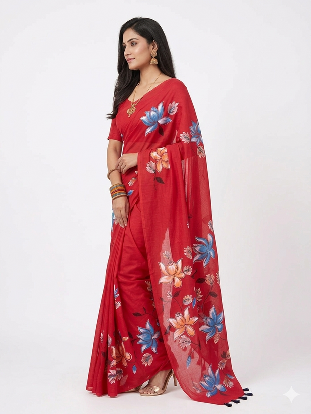 Red Handpainted Cotton Saree