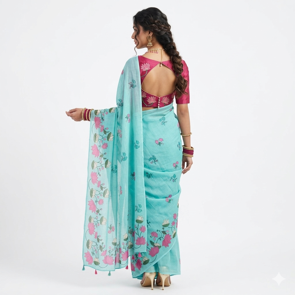 Light Green Pink Lotus Floral Cotton Saree