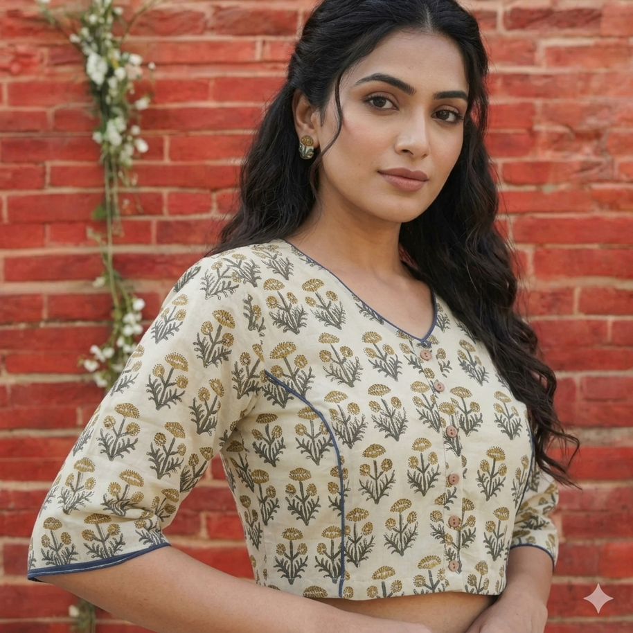 Cream Handblock Cotton Blouse