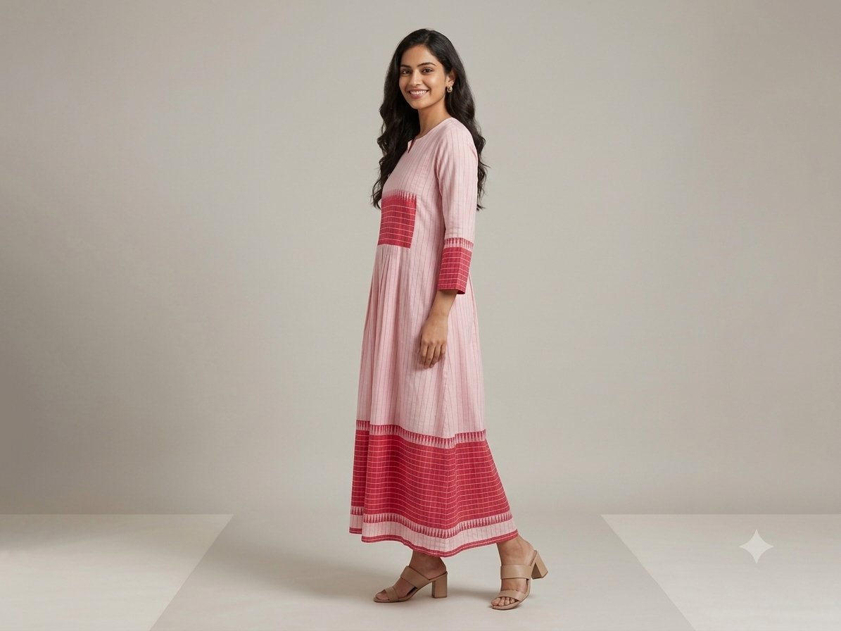 Light Pink Handloom Jamdani Cotton Dress