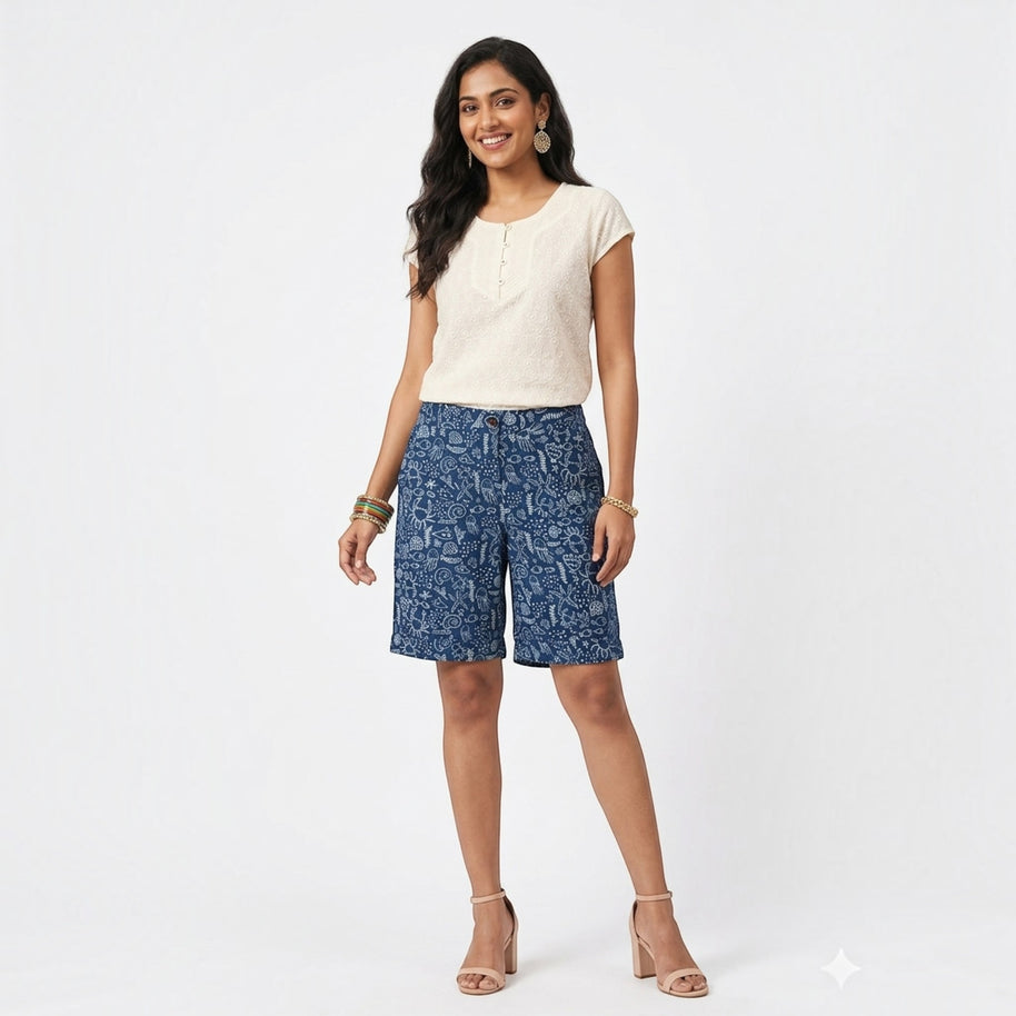 Blue Handblock Print Cotton Shorts