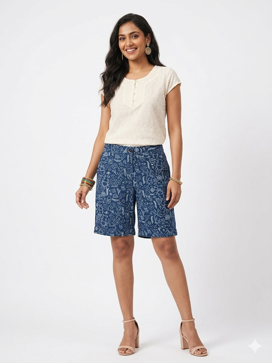 Blue Handblock Print Cotton Shorts