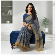 Blue Offwhite Handblock Kota Cotton Saree
