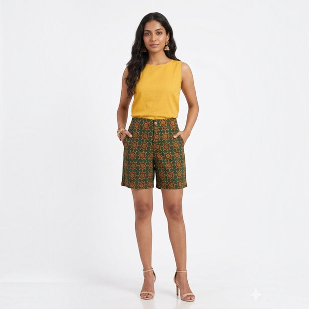 Green Ajrakh Handblock Cotton Shorts
