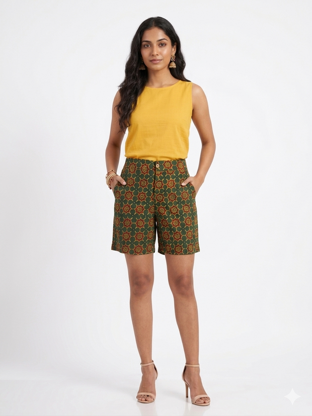 Green Ajrakh Handblock Cotton Shorts