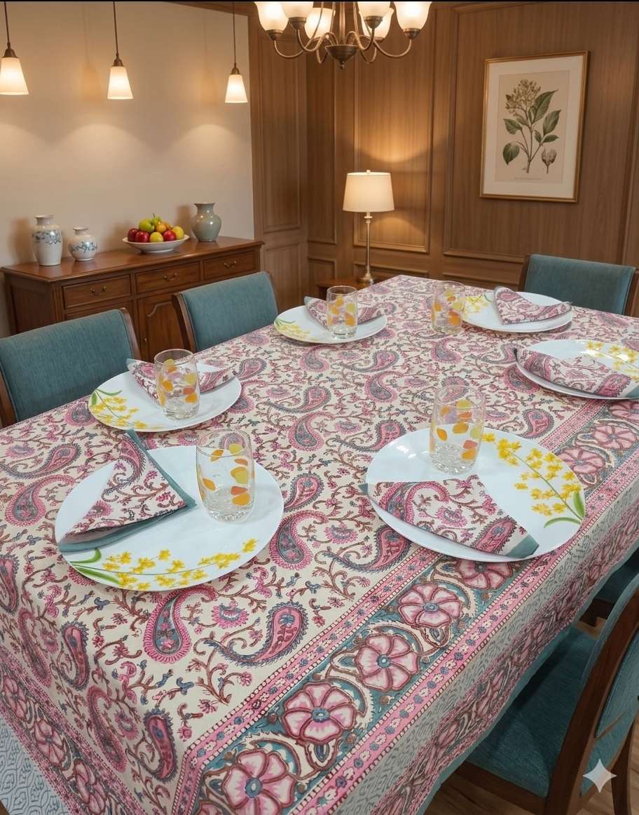 Handblock Print Cotton 6 Seater Rectangular Table Cover