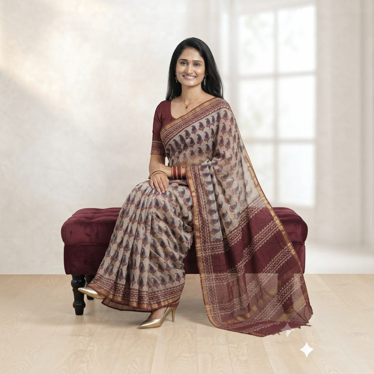 Offwhite Maroon Handblock Kota Cotton Saree