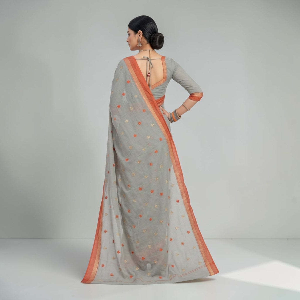 Grey Orange Floral Cotton Saree