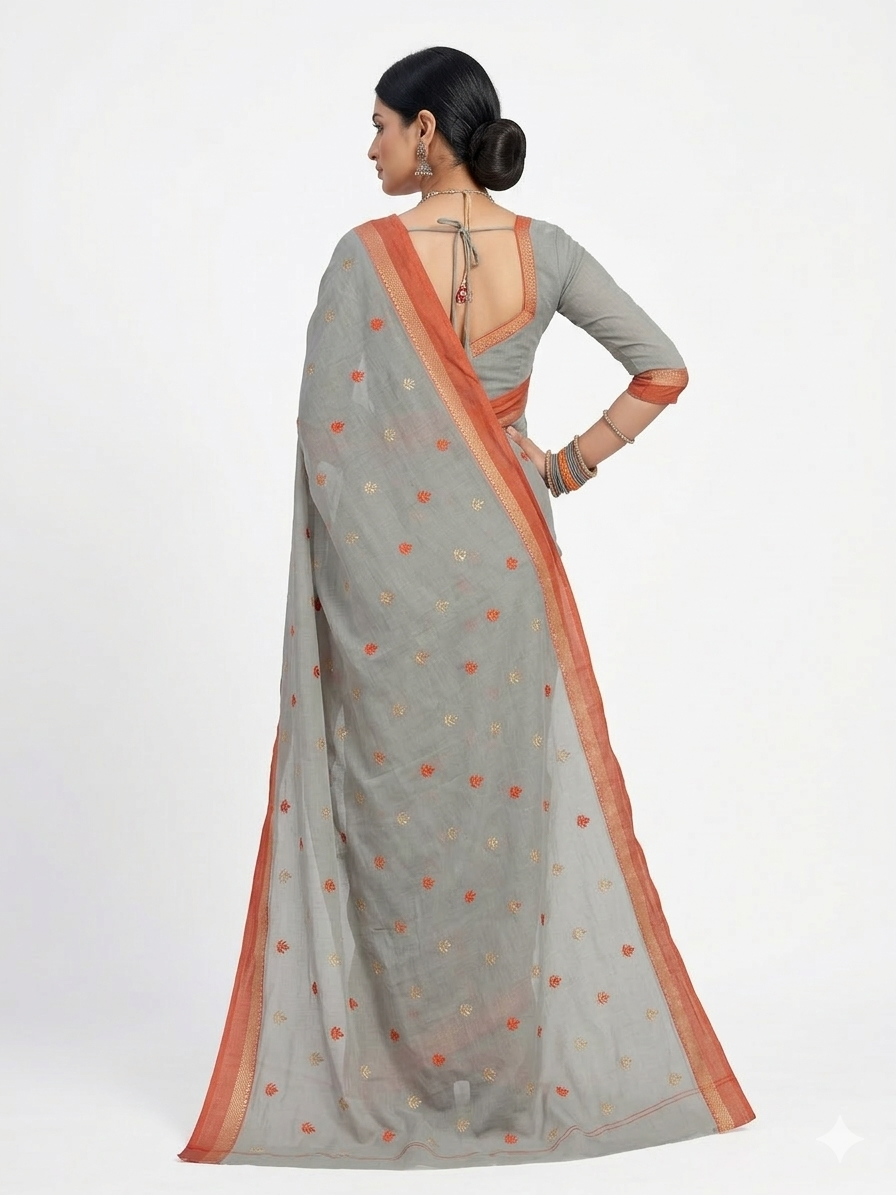 Grey Orange Floral Cotton Saree