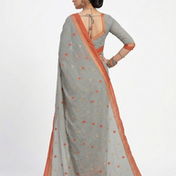 Grey Orange Floral Cotton Saree