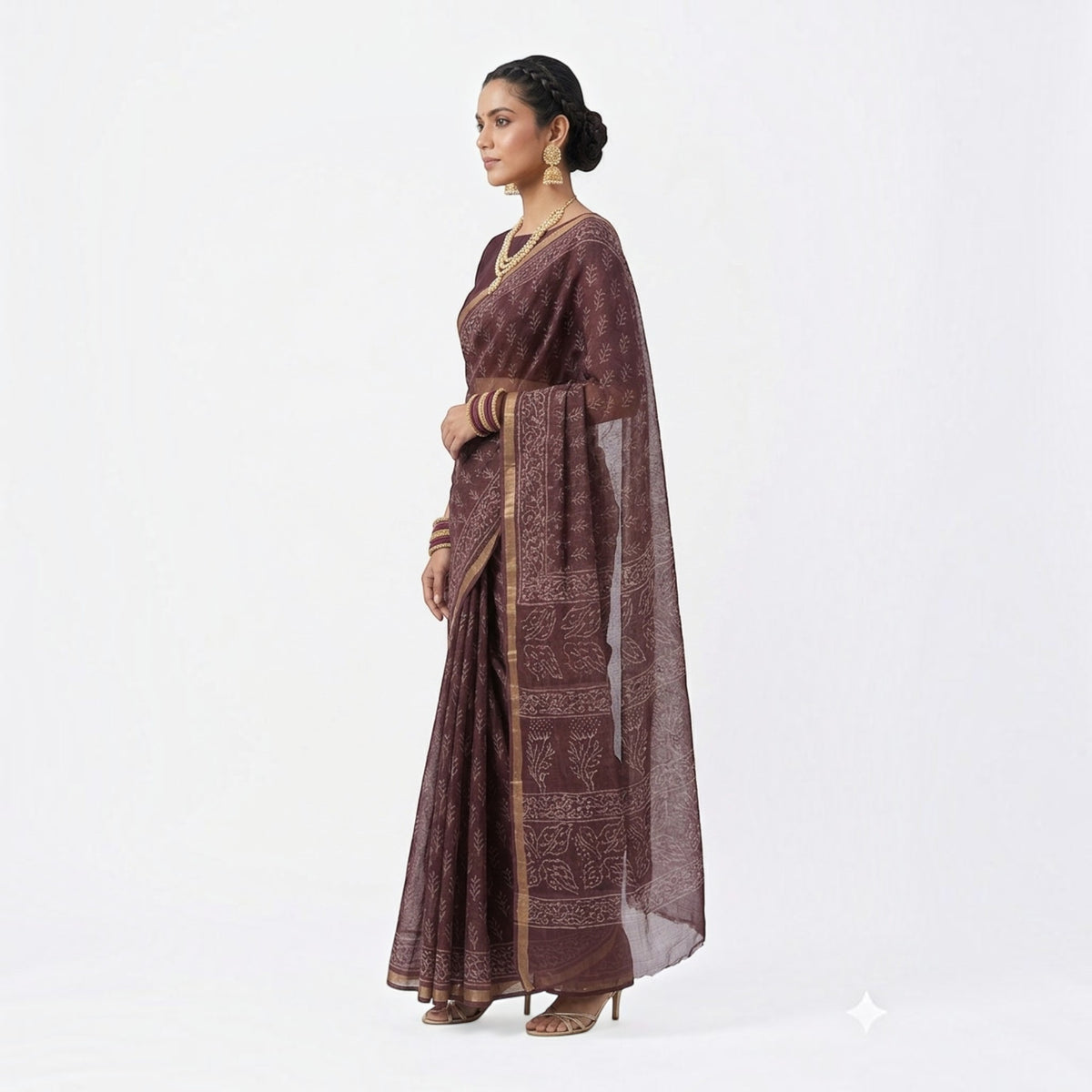 Brown Leaf Handblock Kota Cotton Saree