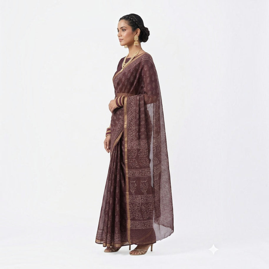 Brown Leaf Handblock Kota Cotton Saree