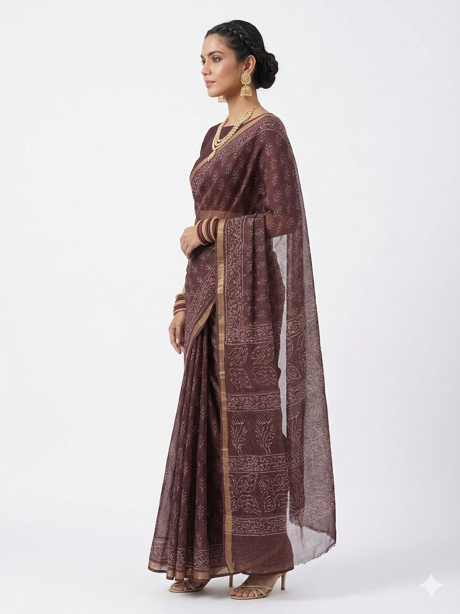 Brown Leaf Handblock Kota Cotton Saree
