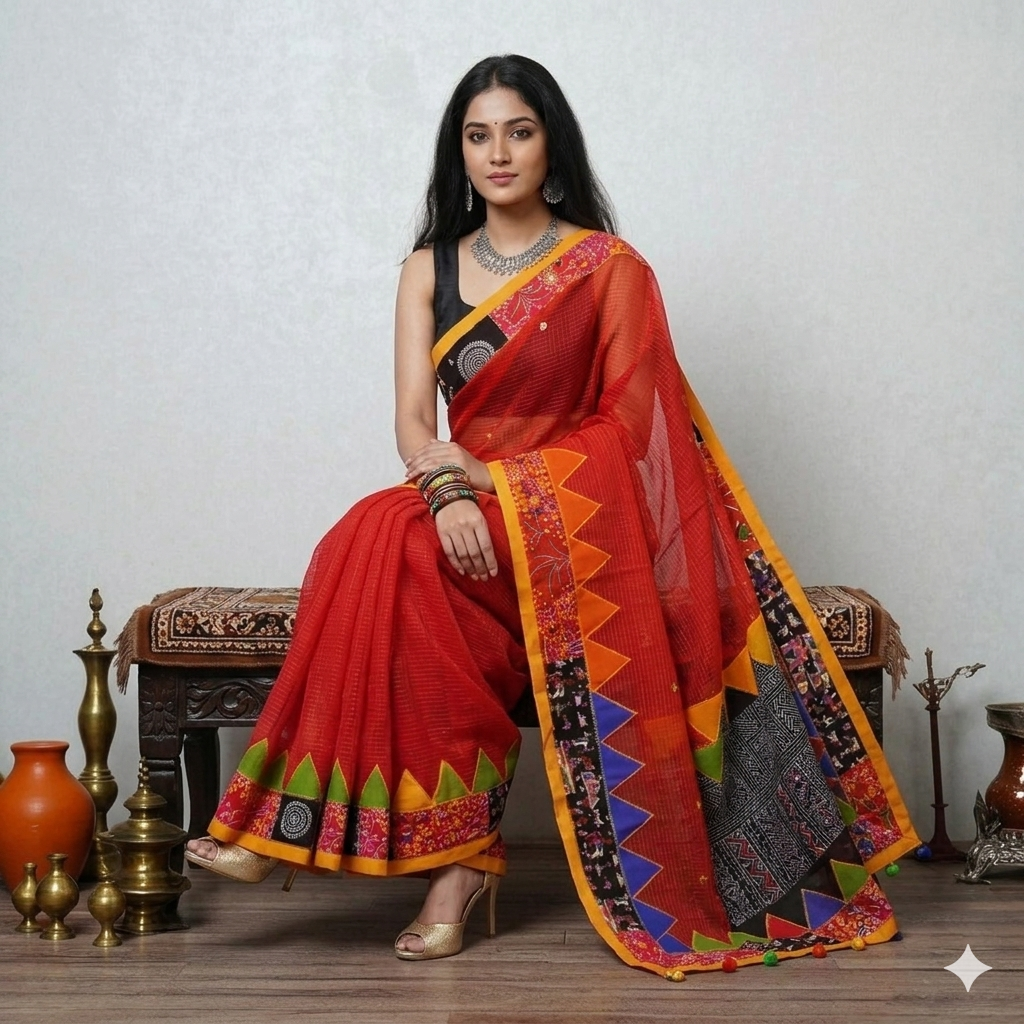 Red Applique Kota Cotton Saree