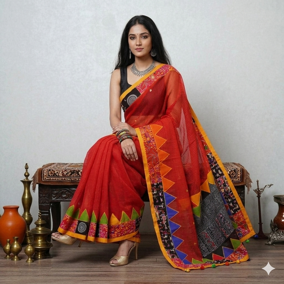 Red Applique Kota Cotton Saree