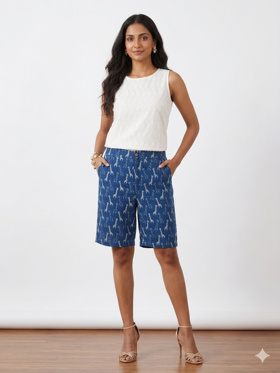 Blue Animal Cotton Shorts