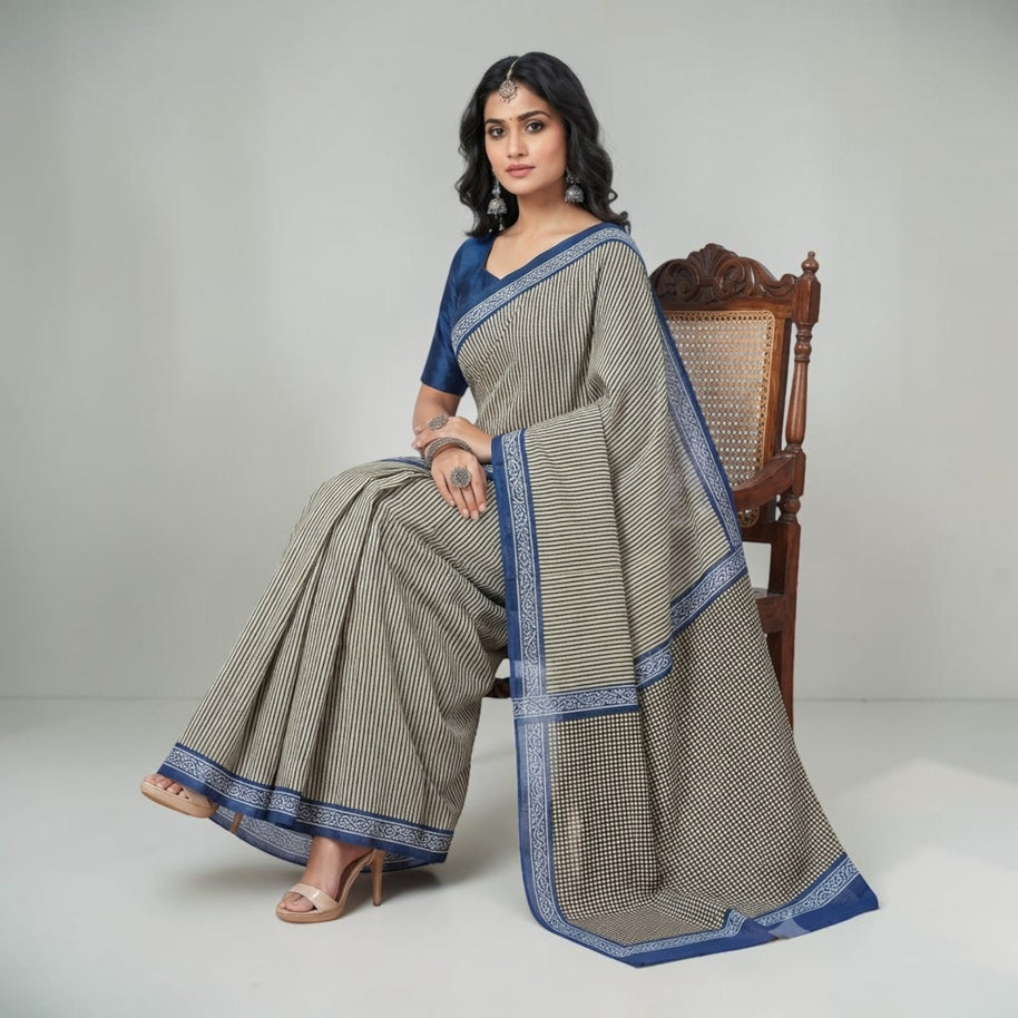 Offwhite Black Stripe Handblock Cotton Saree