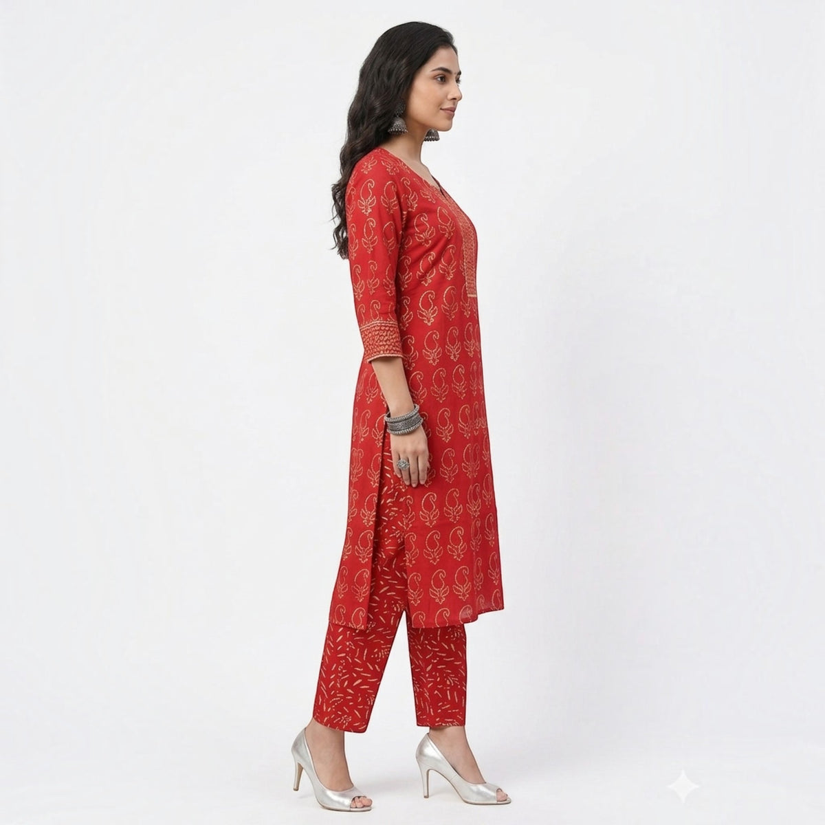 Red Handblock Cotton Kurta & Pant