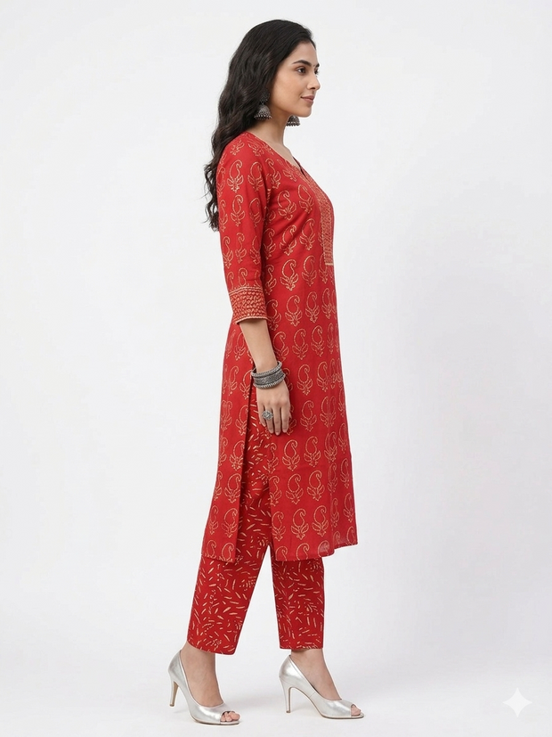 Red Handblock Cotton Kurta & Pant