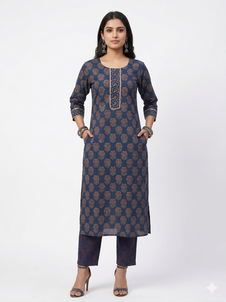 Blue Floral Handblock Cotton Kurta & Pant
