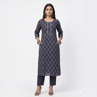 Blue Floral Handblock Cotton Kurta & Pant