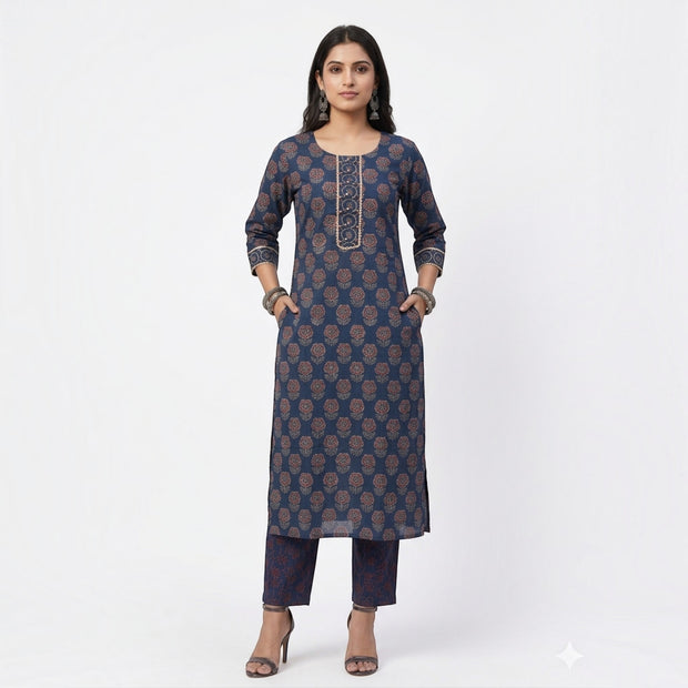 Blue Floral Handblock Cotton Kurta & Pant