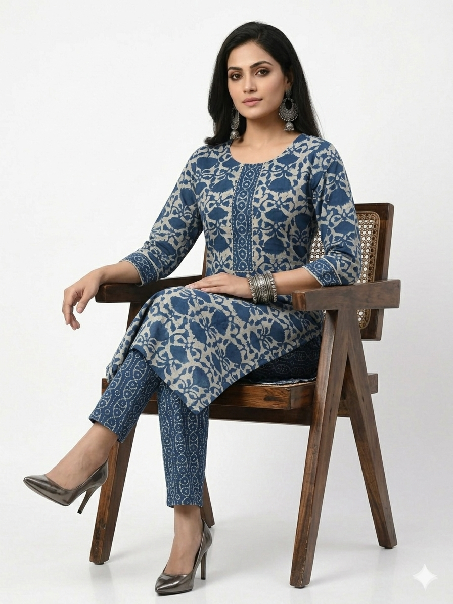 Indigo Handblock Cotton Kurta & Pant
