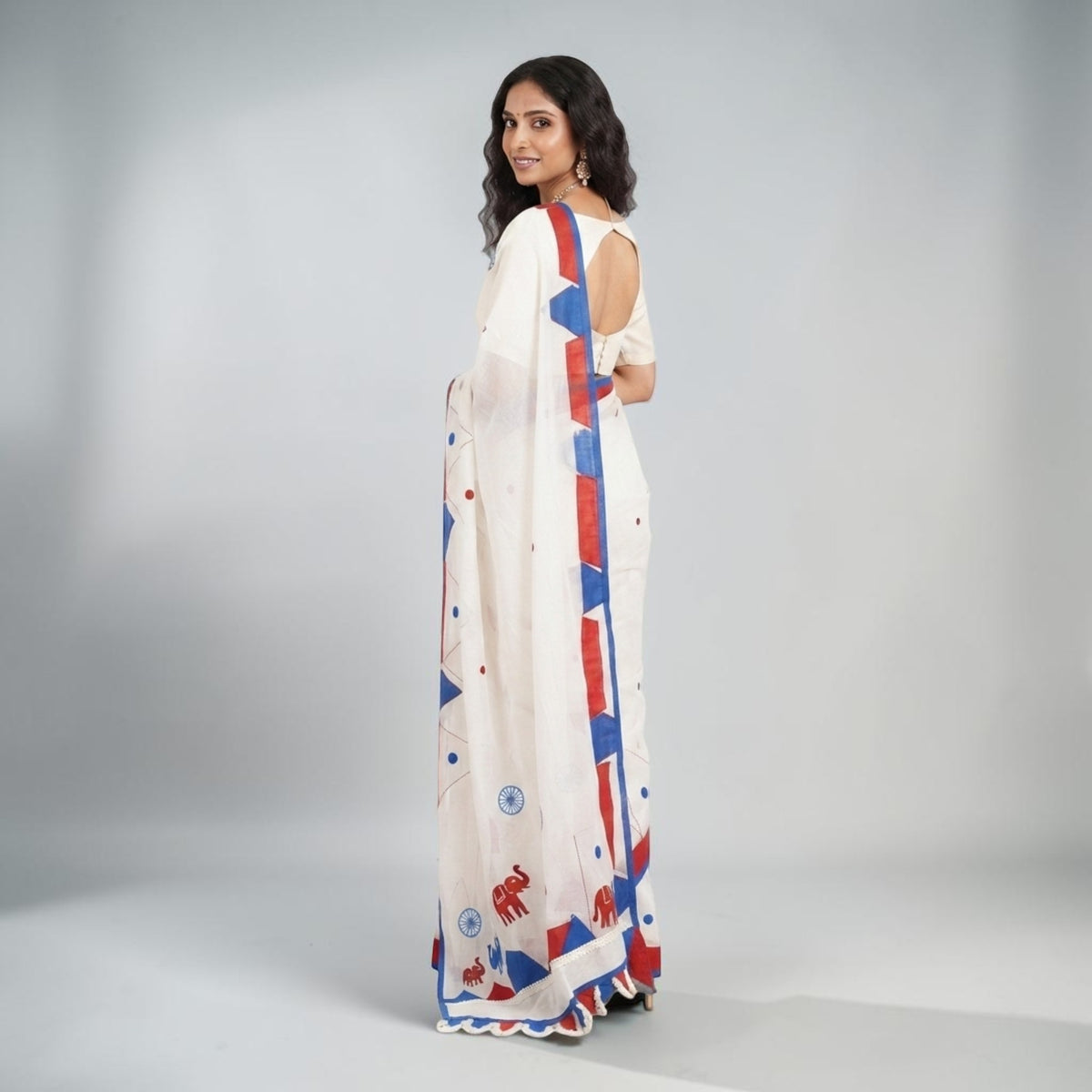 White Red Applique Cotton Saree