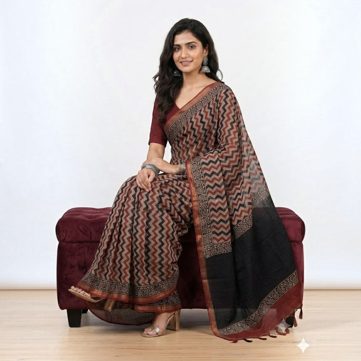 Offwhite Maroon Stripe Kota Cotton Saree