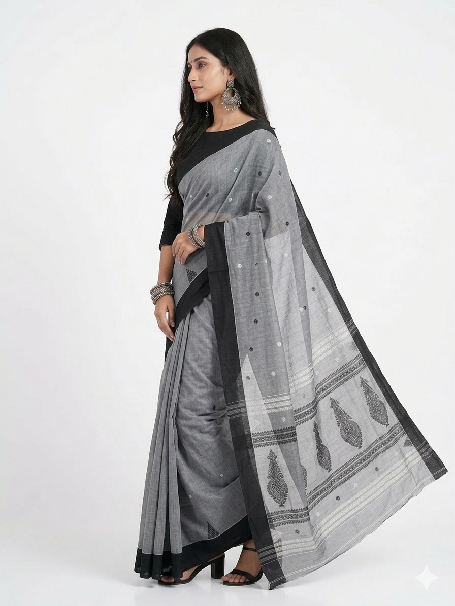 Grey Black Work Cotton Saree