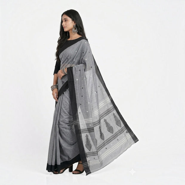 Grey Black Work Cotton Saree