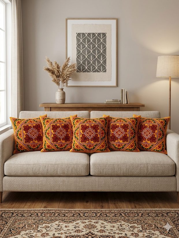 Orange Gujarati folk embroidery Cotton Cushion