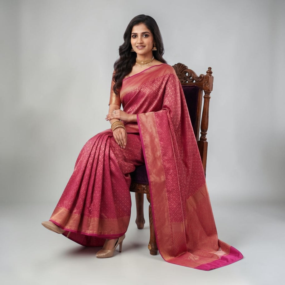 Rani Pink Golden Zari Work Silk Saree