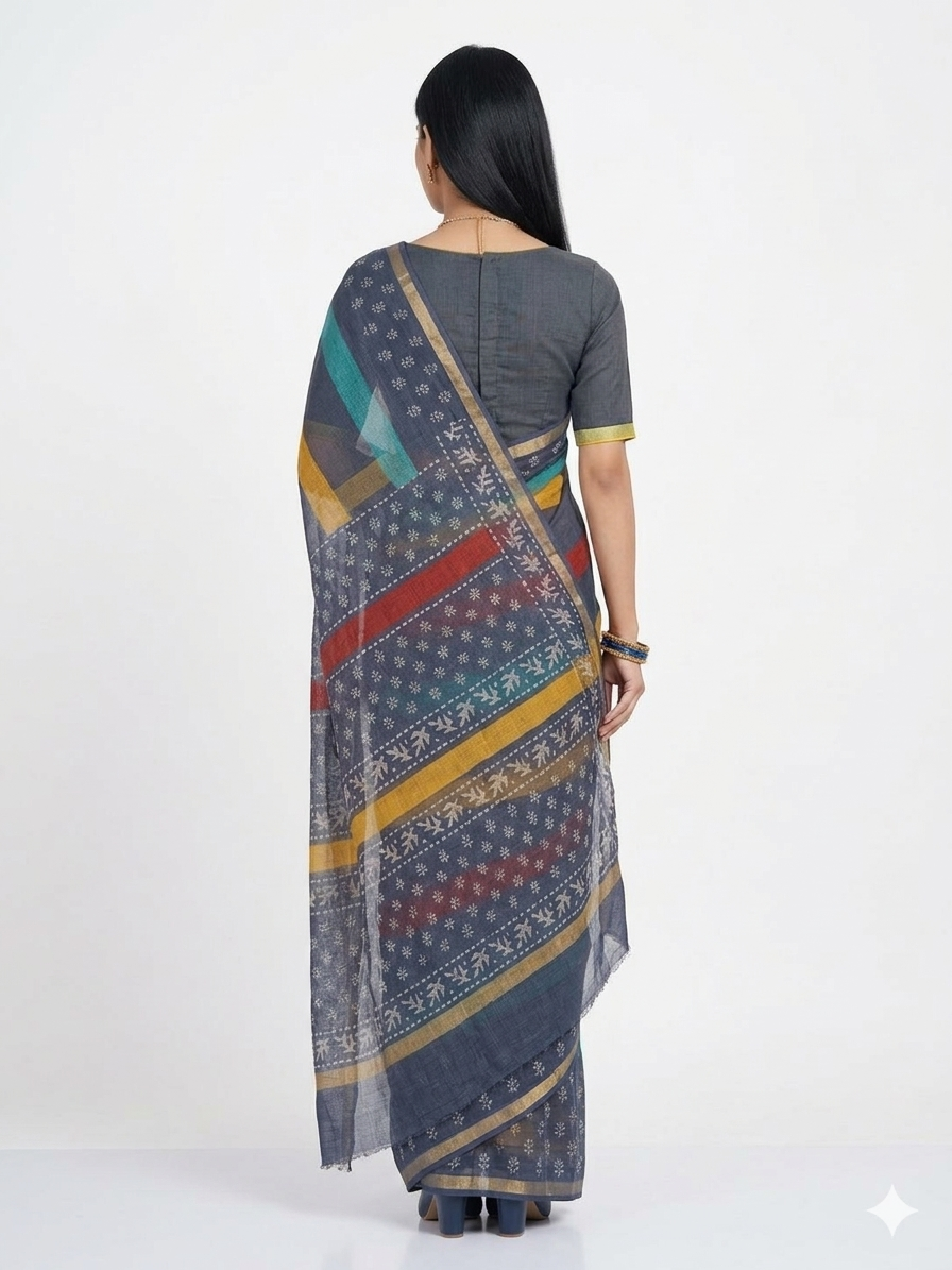 Blue Multi Stripe Kota Cotton Saree