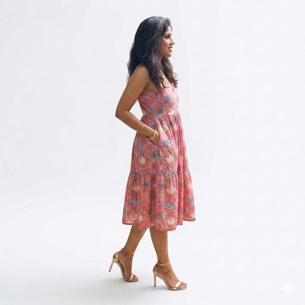Pink Multicolour Smocking Handblock Cotton Strap Dress