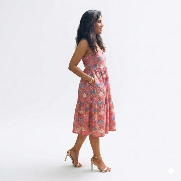 Pink Multicolour Smocking Handblock Cotton Strap Dress