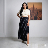 Black White Handwoven Cotton Ikat Long Skirt