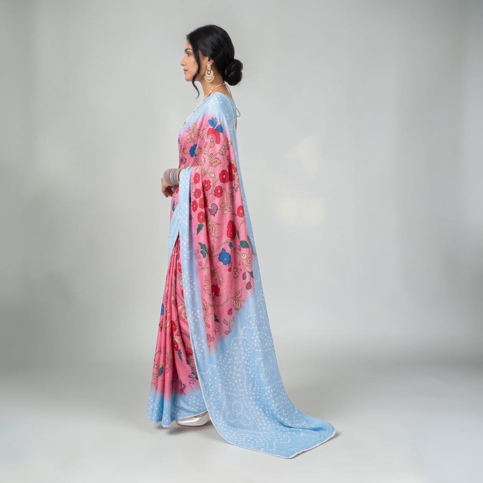 Pink Kalmakari Bandhani Makhmali Silk Saree