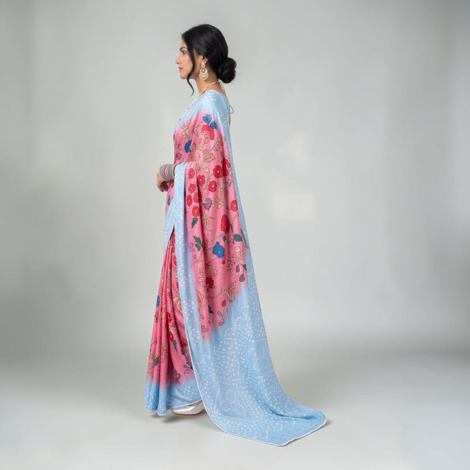 Pink Kalmakari Bandhani Makhmali Silk Saree