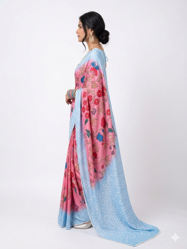 Pink Kalmakari Bandhani Makhmali Silk Saree