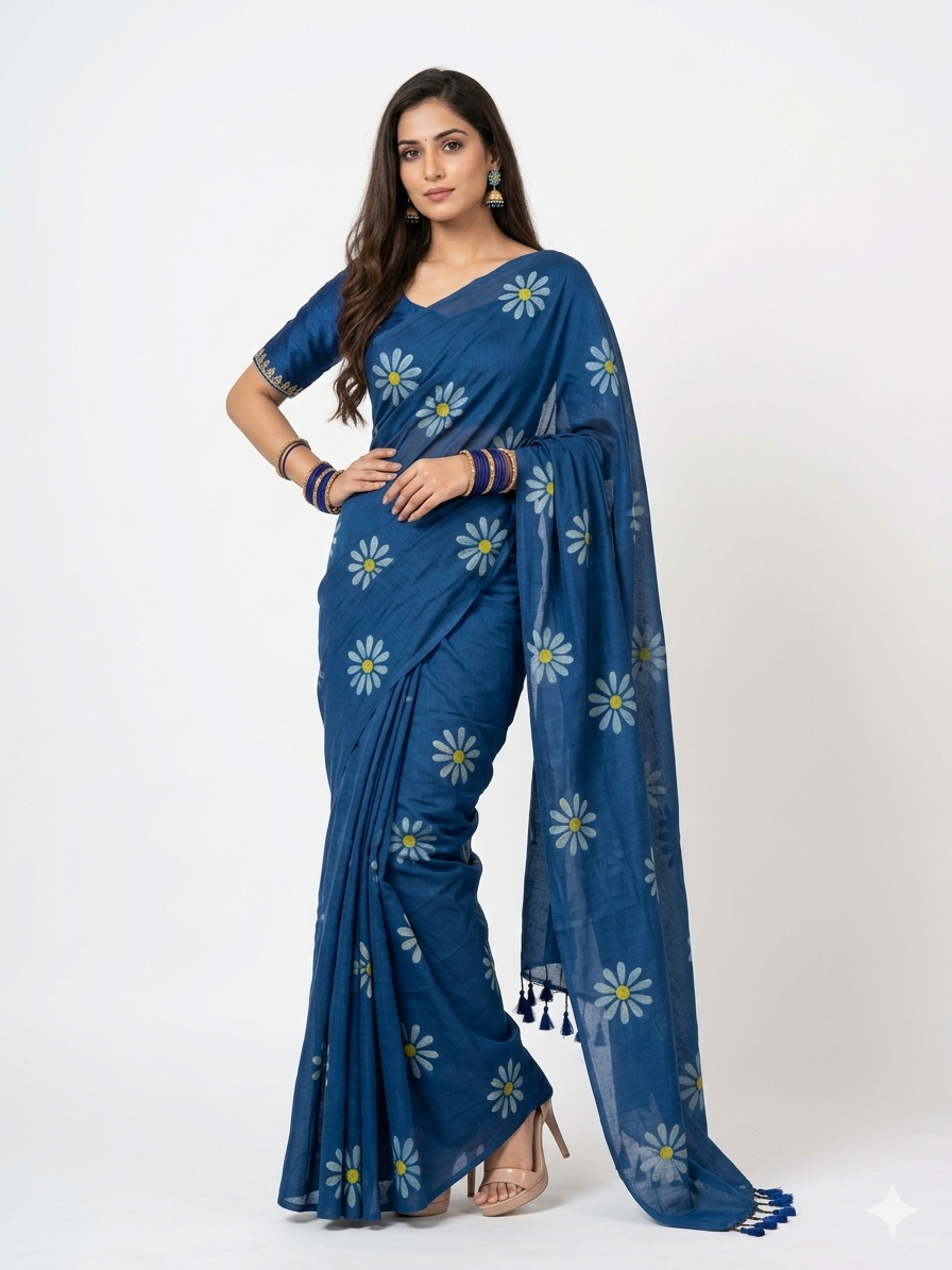 Blue White Floral Handprinted Cotton Saree