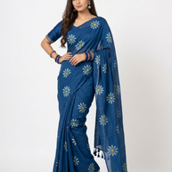 Blue White Floral Handprinted Cotton Saree