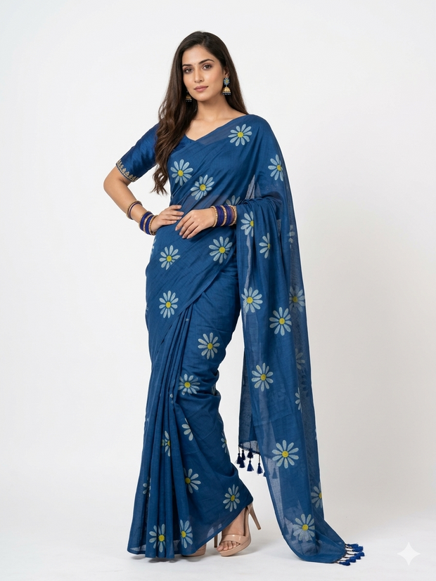 Blue White Floral Handprinted Cotton Saree